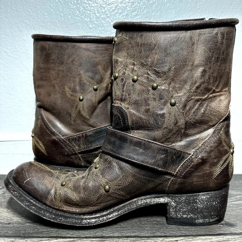 Old Gringo Ankle Moto Boots Leather Embroidered Studded Semi Pointed Brown 7.5B - Image 3