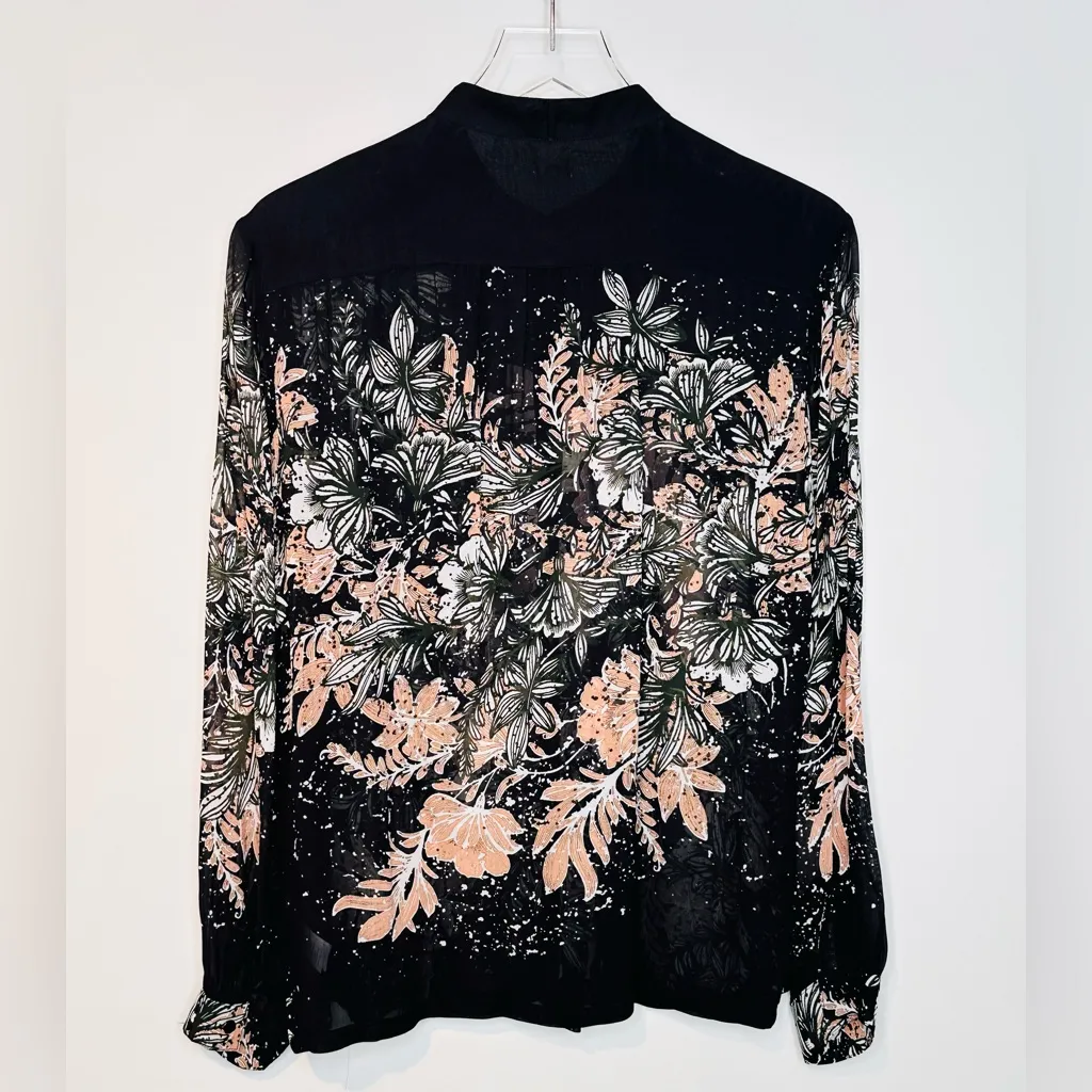 Warm Black Pink Floral Chiffon Viscose Long Sleeve Blouse Shirt Top Size 2 - Image 2