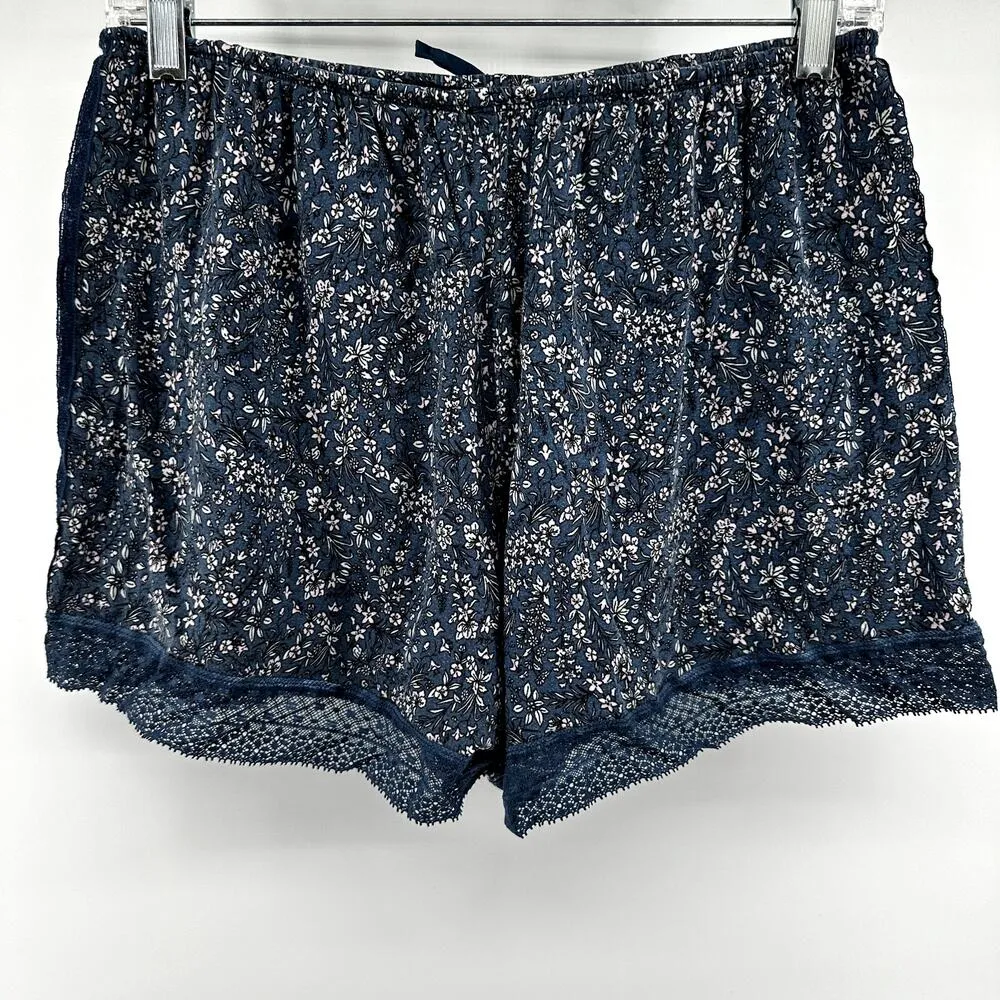 Victoria's Secret Sleep Shorts Floral Drawstring Lace Trim High Waist Blue Large - Image 5