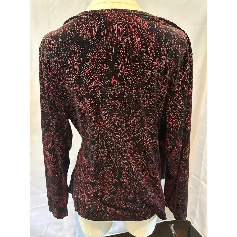 Notations SPARKLY Red and Black Velour Blouse with Side tie piece SZ XL - Image 4