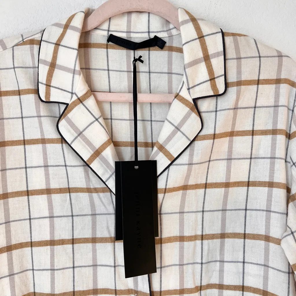 NWT Jenni Kayne Flannel Pajama Top Ivory Plaid Small 100% Cotton Cozy Sleepwear - Image 5