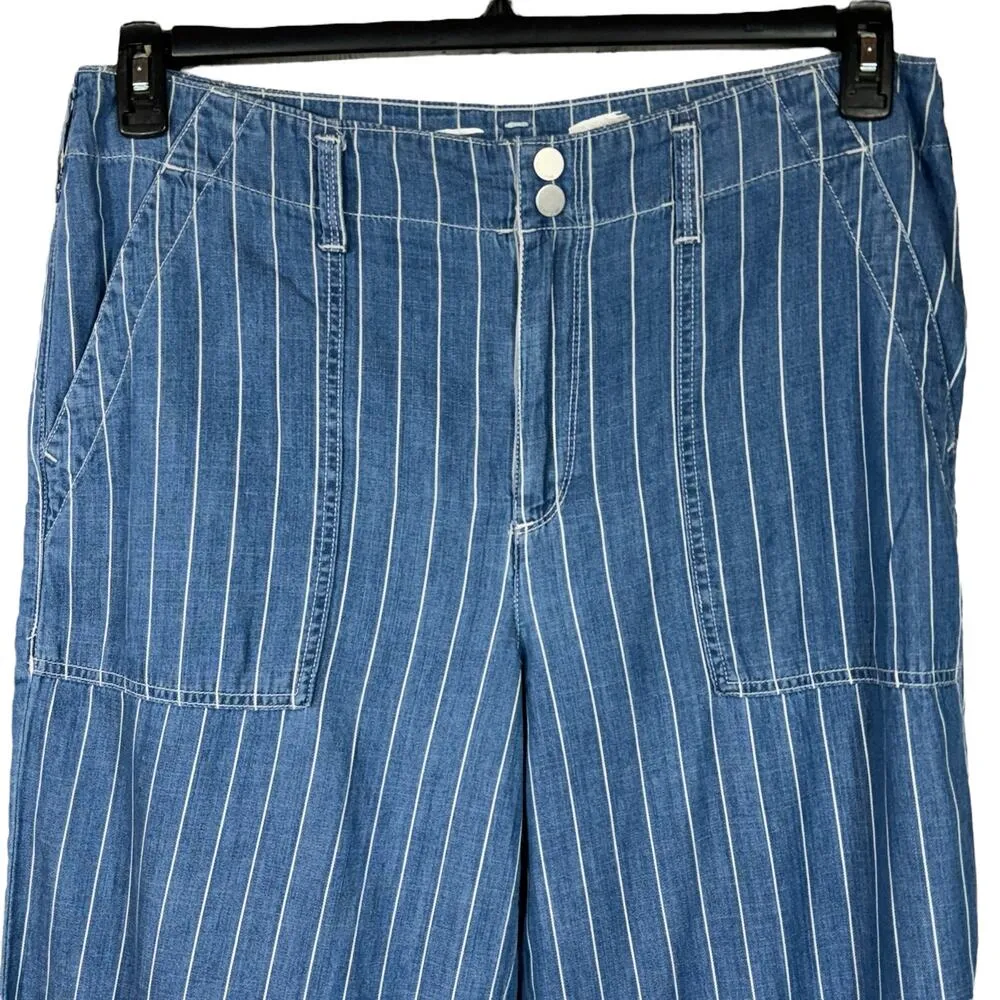 Seven7 SZ 14 Wide Leg Crop Pants Striped Chambray Pockets Hi-Rise Zip-Fly Blue - Image 2