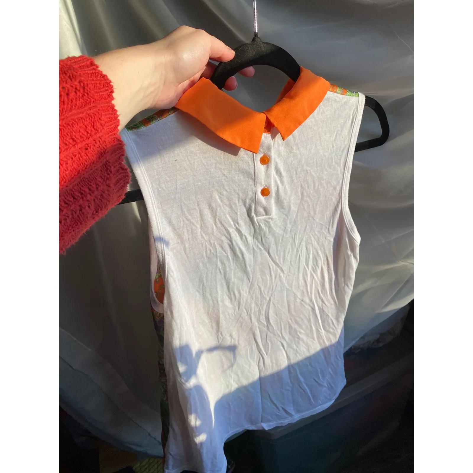 ALLEN SCHWARTZ Abstract Orange Collar Tank Top Medium Groovy Silky Boho Fest Y2K - Image 7