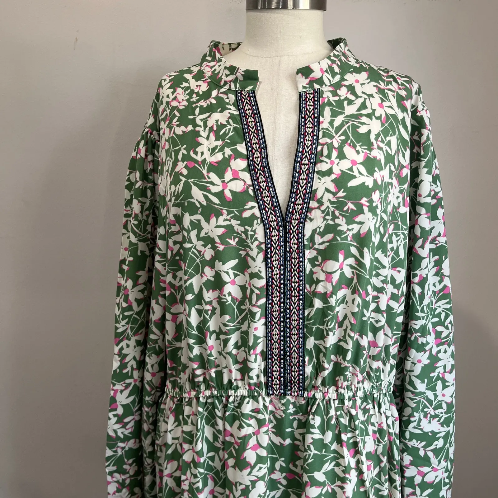 Rusttydustty Green Floral Boho Maxi Dress Size 4XL Long Sleeve Smocked Waist - Image 11