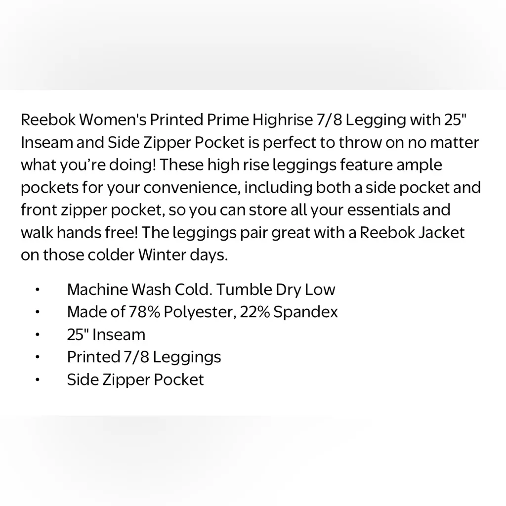 Reebok Prime Highrise 7/8 Legging with 25" Inseam & Side Zipper Pocket Women’s L - Image 11
