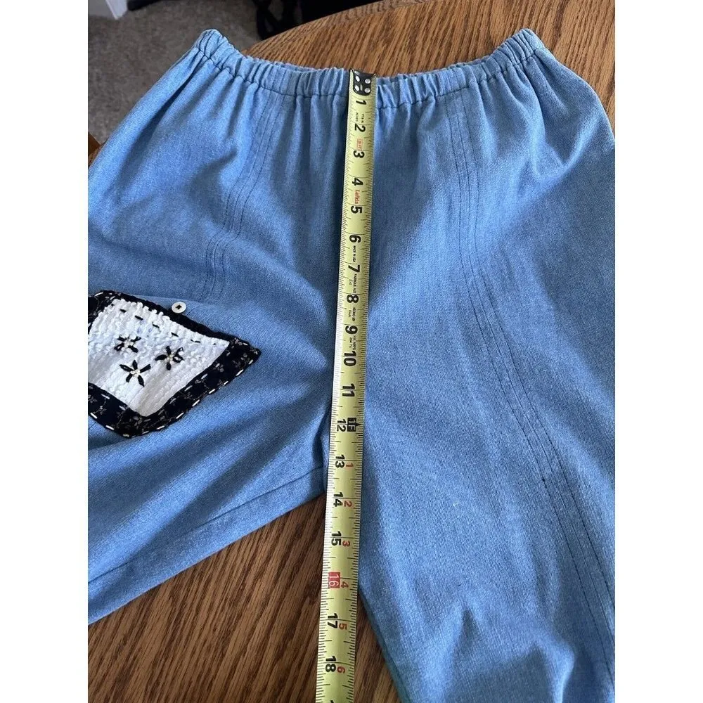 Vintage Patchwork Crop Pants Chambray High Waist Wide Leg Elastic Waist Crochet Blue Size 28 - Image 8