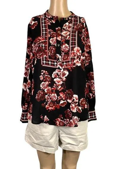 Charter Club Womens Blouse Top Houndstooth Floral Print Pullover Black Red PP - Image 1
