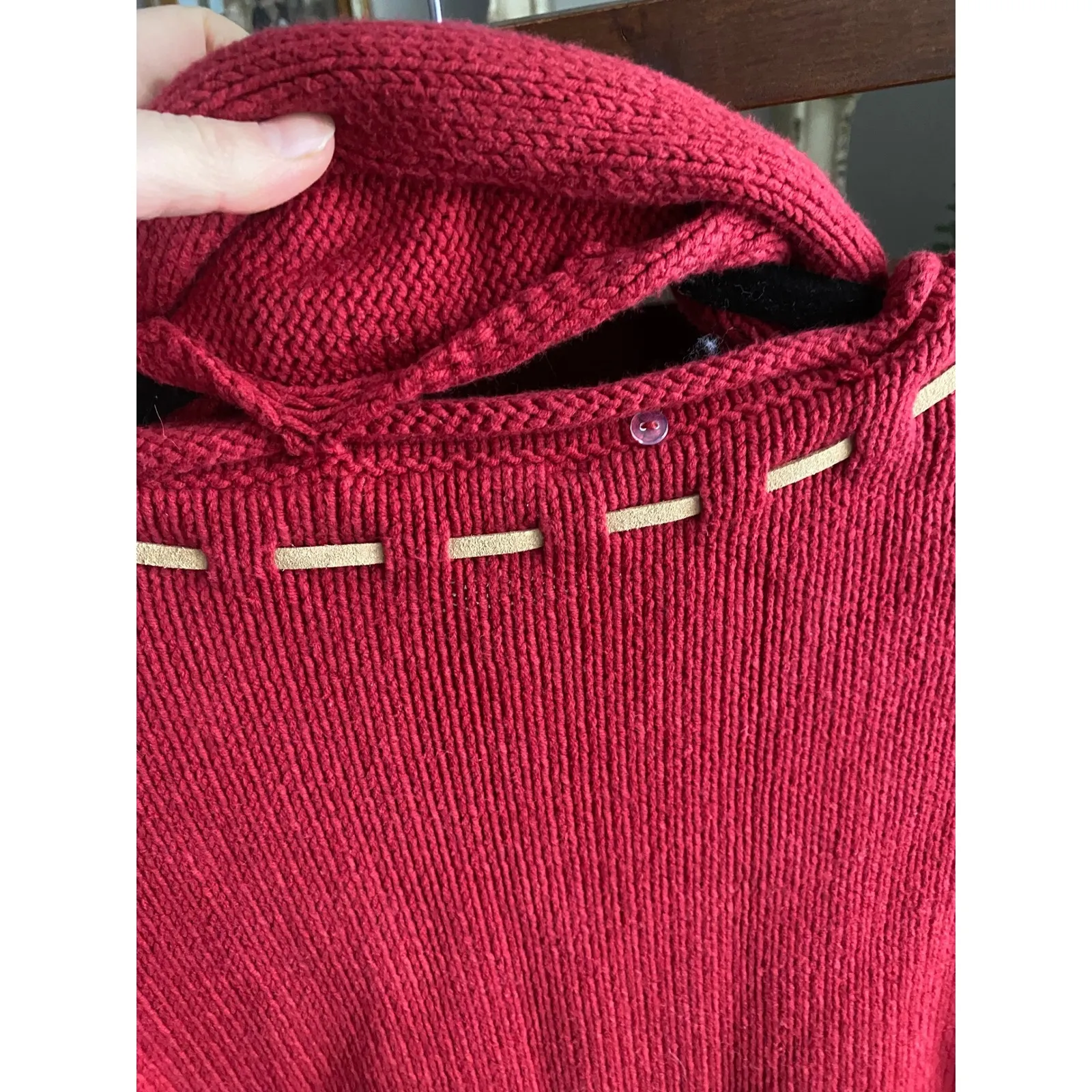 Vintage Y2K Chunky Knit Crew Neck Stitch Red Sweater Fringe Scarf 2X Cozy Winter - Image 5