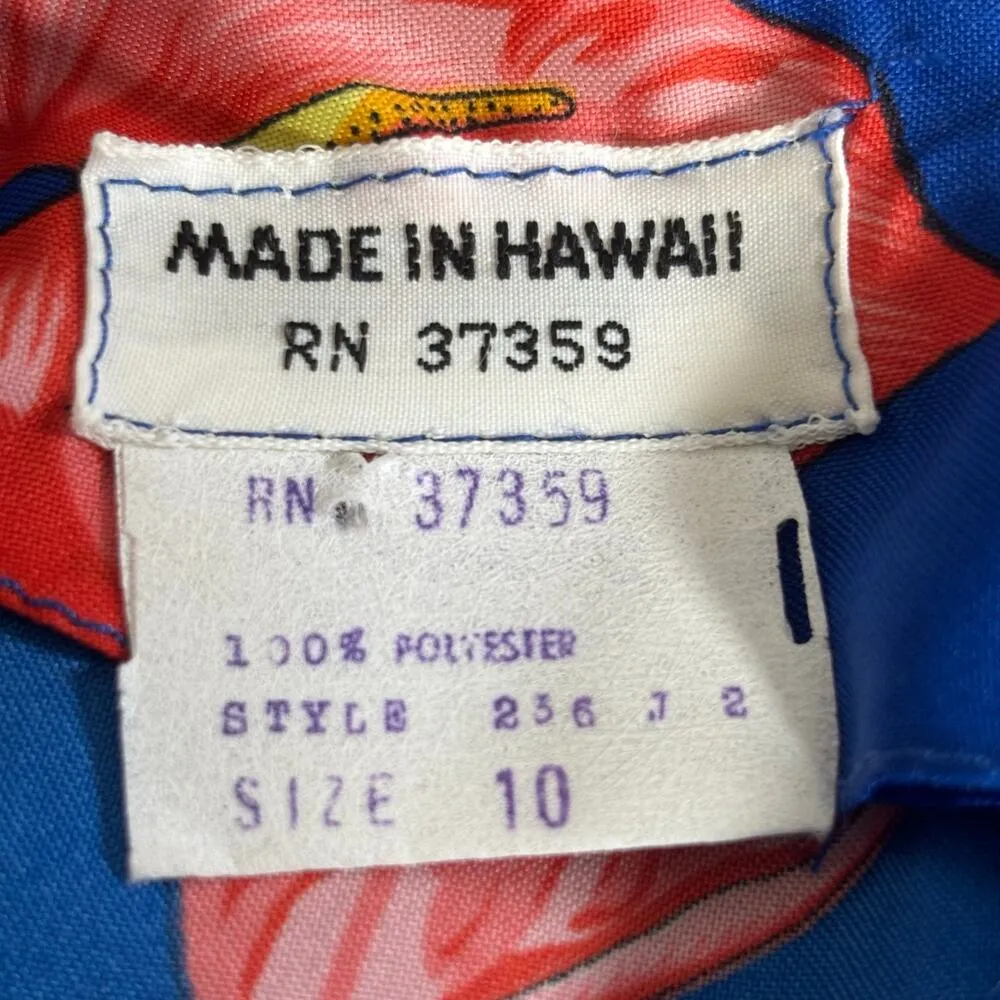 Vintage Made In Hawaii Maxi Dress Blue White Tropical Floral Lace Flutter Sleeve Size M - Image 9