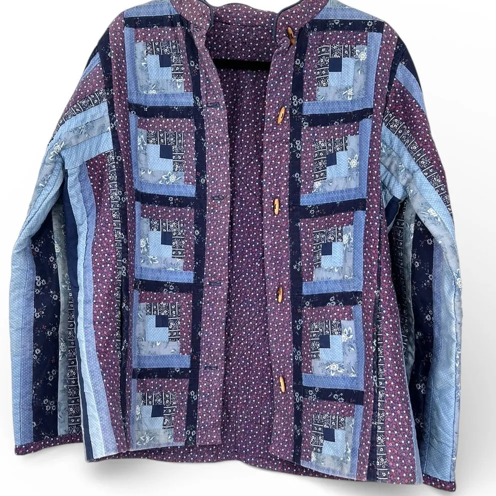 Vintage Grandmacore Cottagecore patchwork quilt Jacket Blazer Log Cabin Prairie Blue Size M - Image 4