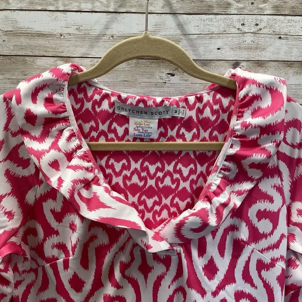 Gretchen Scott Womens Medium Dress Pink Arabesque Ruffle Neck 3/4 Sleeve Stretch - Image 2