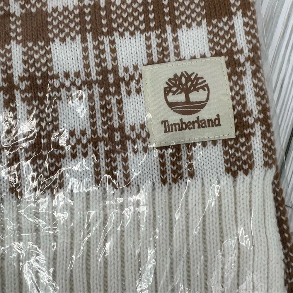 Timberland buffalo plaid rib knit scarf logo tan cream NEW - Image 4