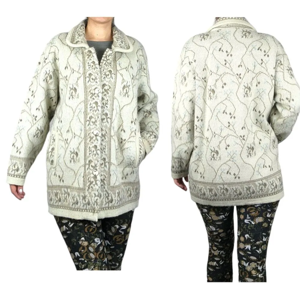 Indutexsa Cardigan Button Front Sweater Padded Shoulders Cream Floral Fits L Brown Size undefined - Image 5
