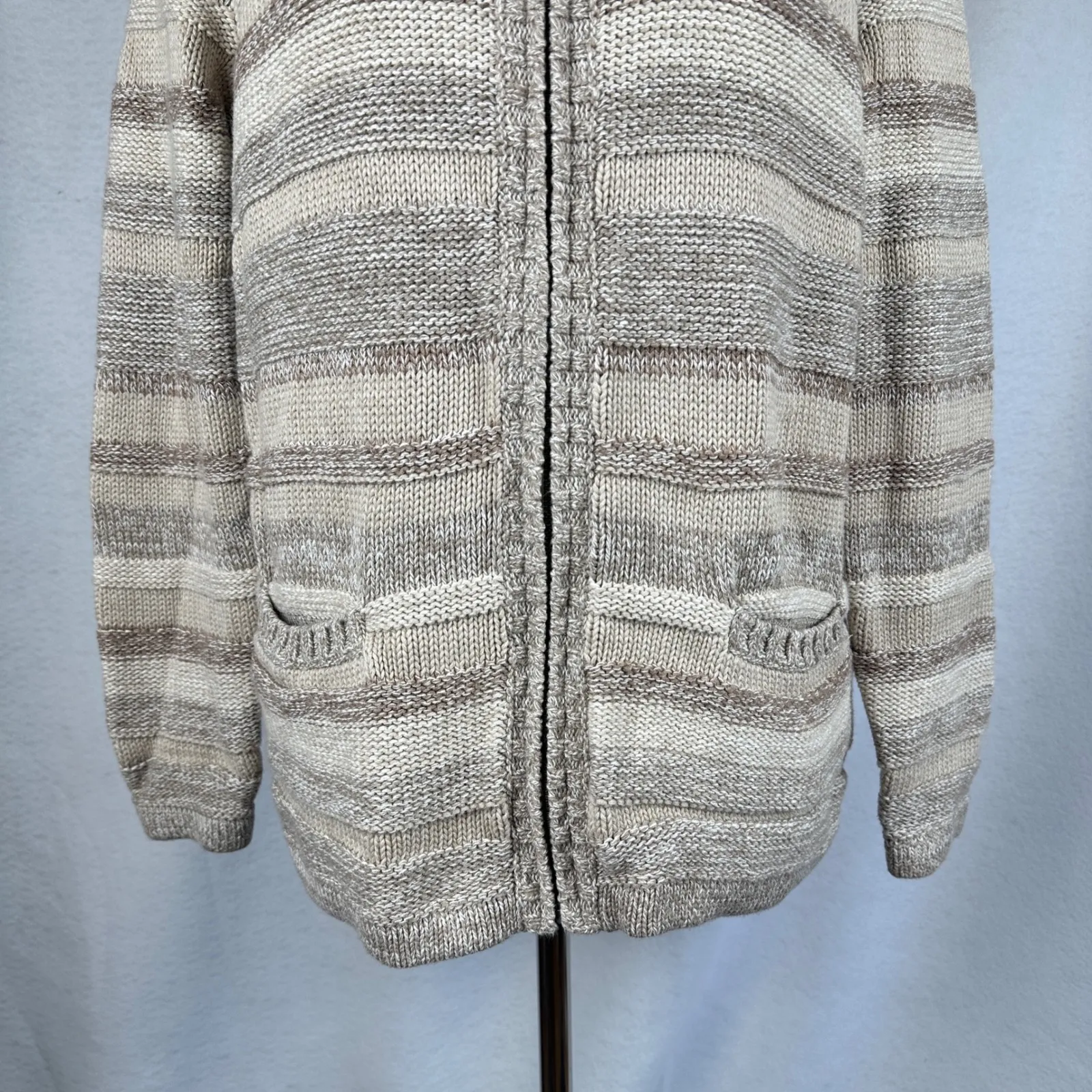 LL Bean Striped Knit Full Zip Cardigan Sweater Women Large Beige Coastal Grandma - Image 3