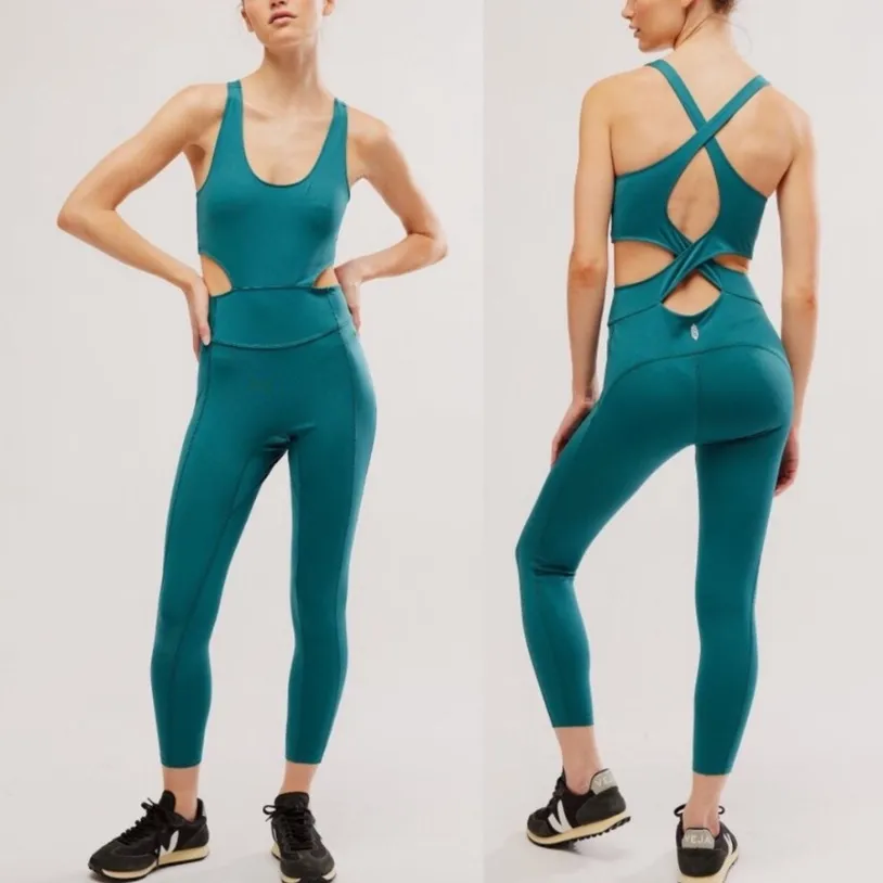 Free People Movement XS Back it Up Jumpsuit Dark Green Teal - Image 2