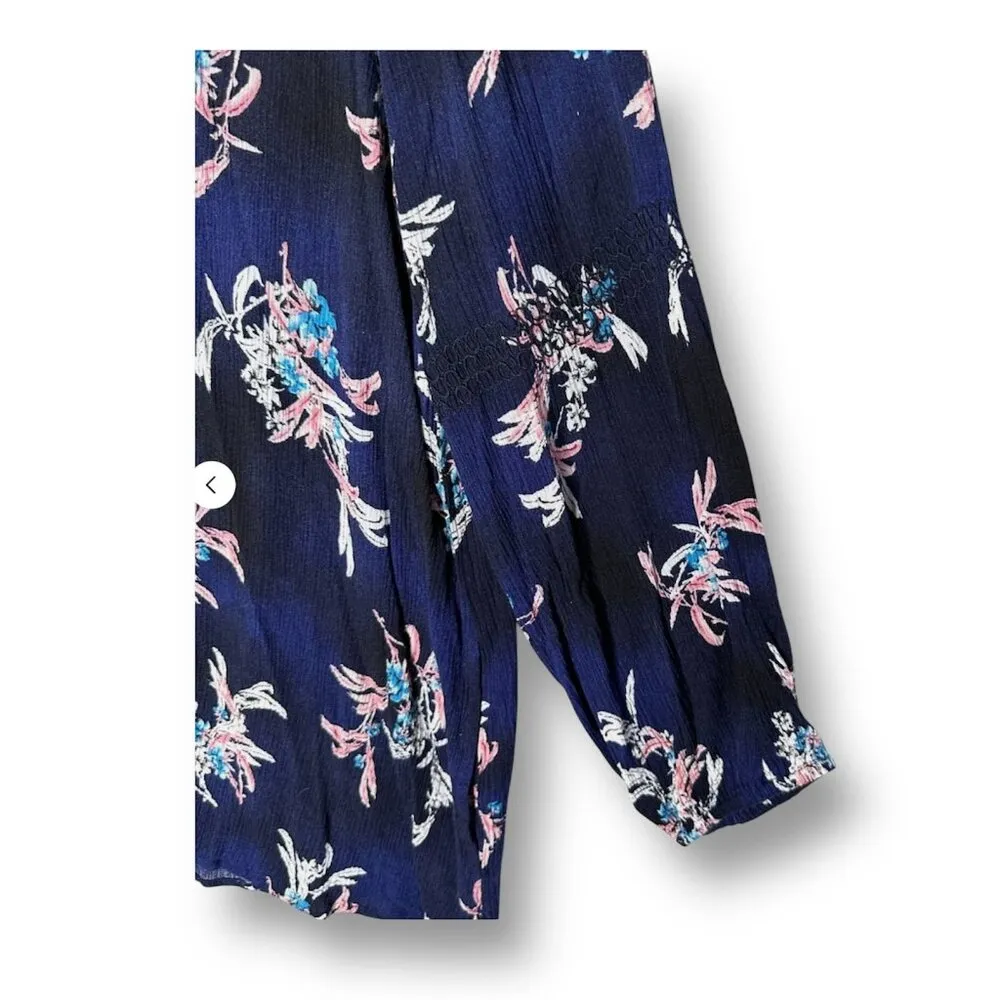 Lane Bryant Navy Floral Crinkle Crepe Keyhole Boho Cottagecore Blouse Size 14/16 - Image 9