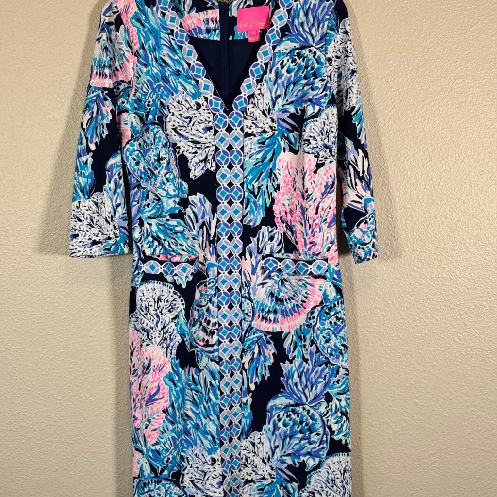 Lilly Pulitzer Blue Pink Floral 3/4 Sleeve Mini Dress Womens M Tropical Vacation - Image 10