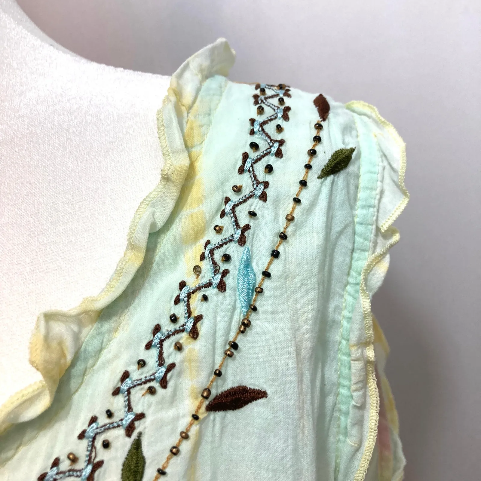 Vintage Y2K Tokyo Denim Bank Yellow Silk Hippie Embroidery Bead Tank Blouse Top Size M - Image 4