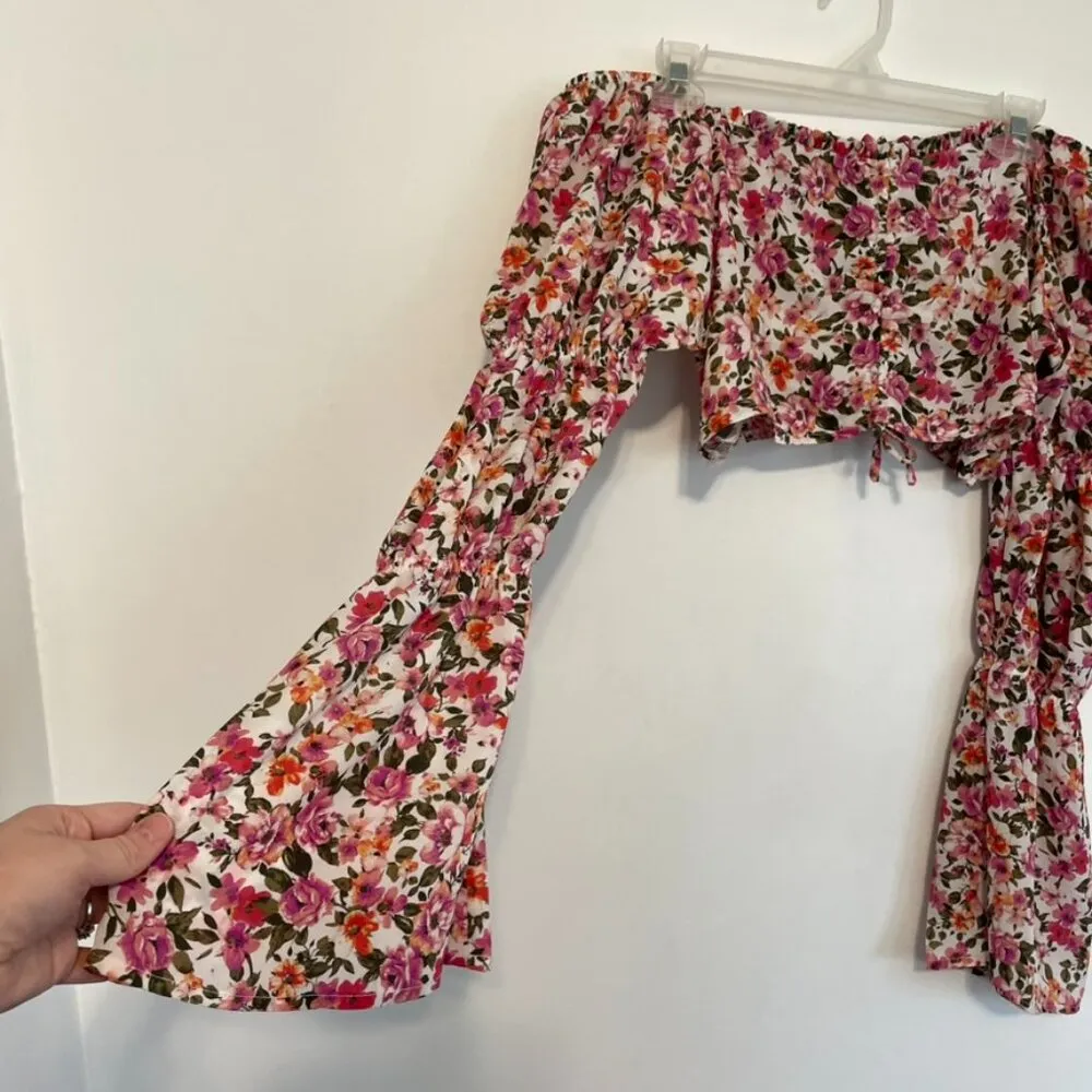 ALMOST FAMOUS Cream Ivory Pink Floral Off the Shoulder Long Bell Sleeve Crop Top - Image 5