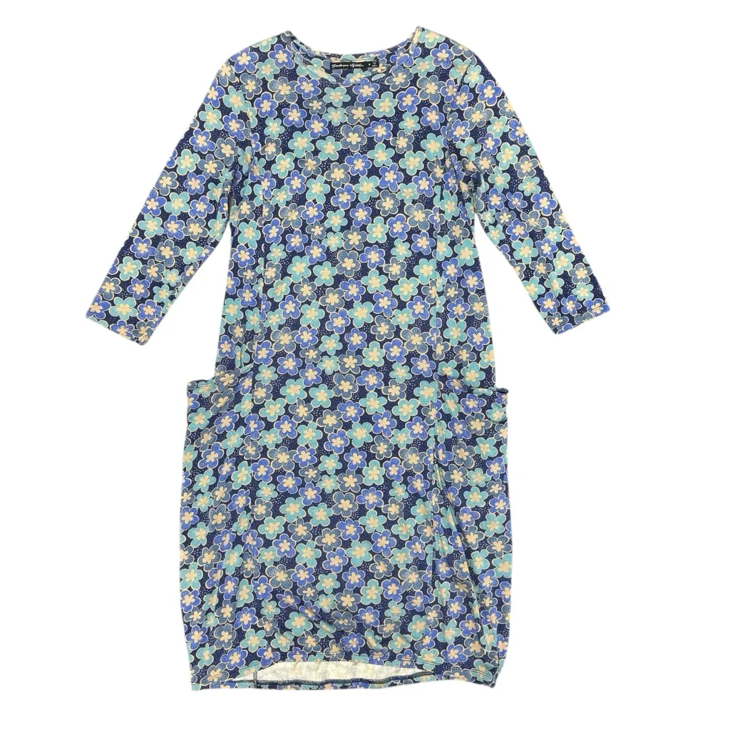 Gudrun Sjoden 3/4 Sleeve Floral Round Neck Pockets Midi Dress Blue Small S - Image 4