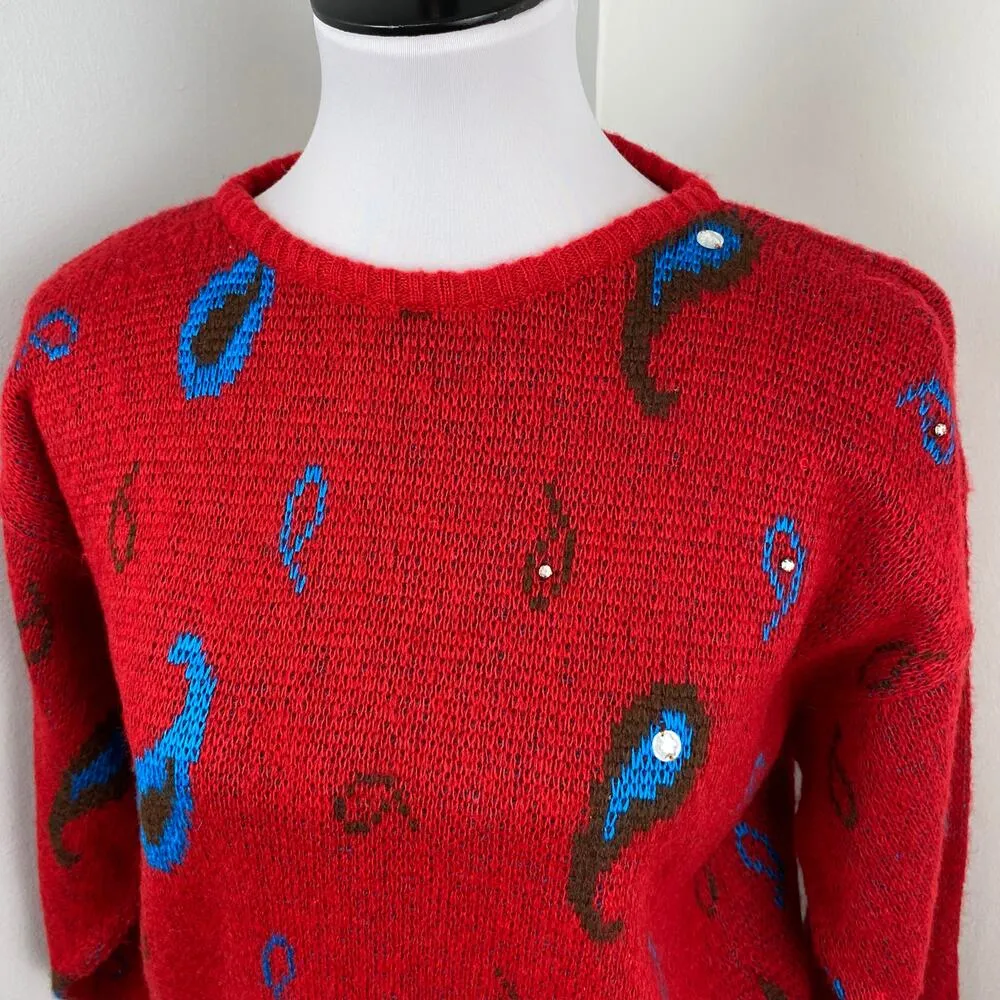 Diane Von Furstenberg Vintage 80s Red Wool Balloon Sleeve Paisley Sweater Small - Image 2