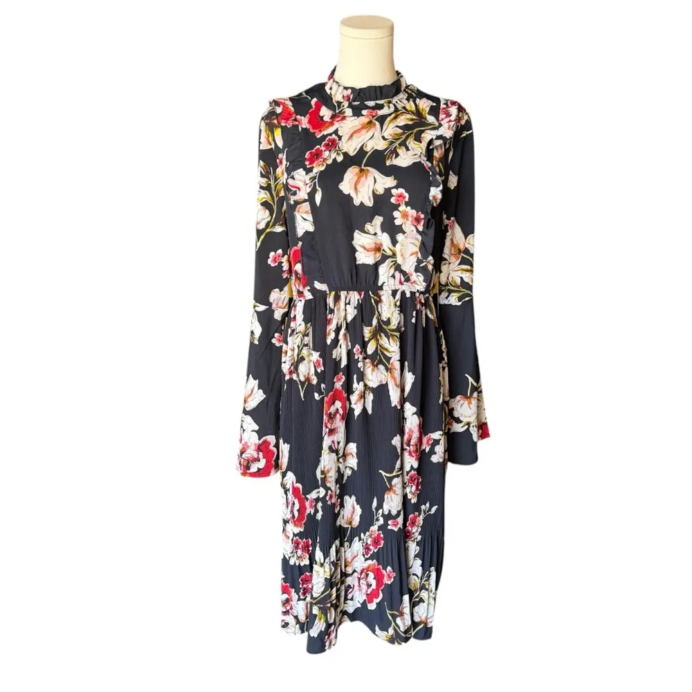 Lulus - NWT Garden Glory Midnight Blue Floral Print Pleated Midi Dress Sz L - Image 4