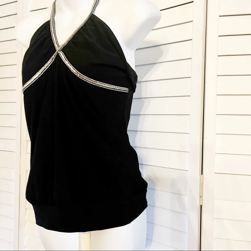 Vintage 90s Y2K Black Sequin Open Back Halter Top Charlotte Russe Shirt - Image 2