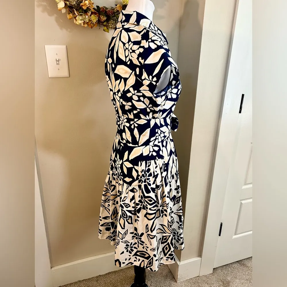DIANE VON FURSTENBERG  Nautical Floral Navy/White Tie Waist Shirt Dress Womens 6 - Image 6