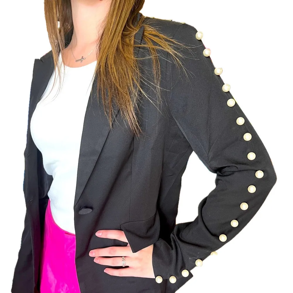 Why Dress Black Blazer Medium Pearl Embellished Edgy Studded Classic Elegant NWT - Image 3
