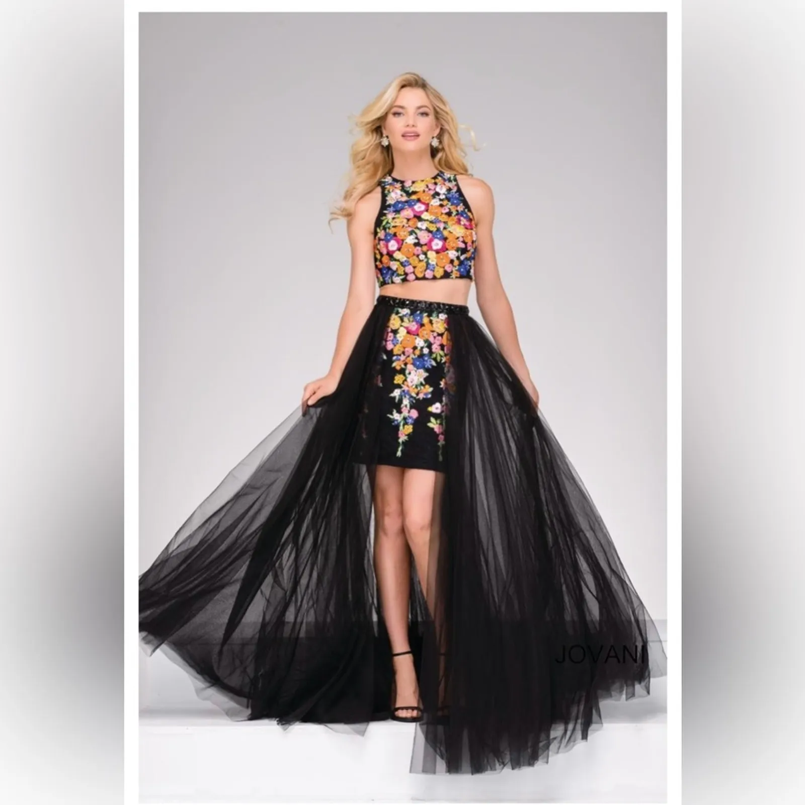 Jovani 45302A two piece floral colorful embroidered black tulle prom dress NEW 2 - Image 2