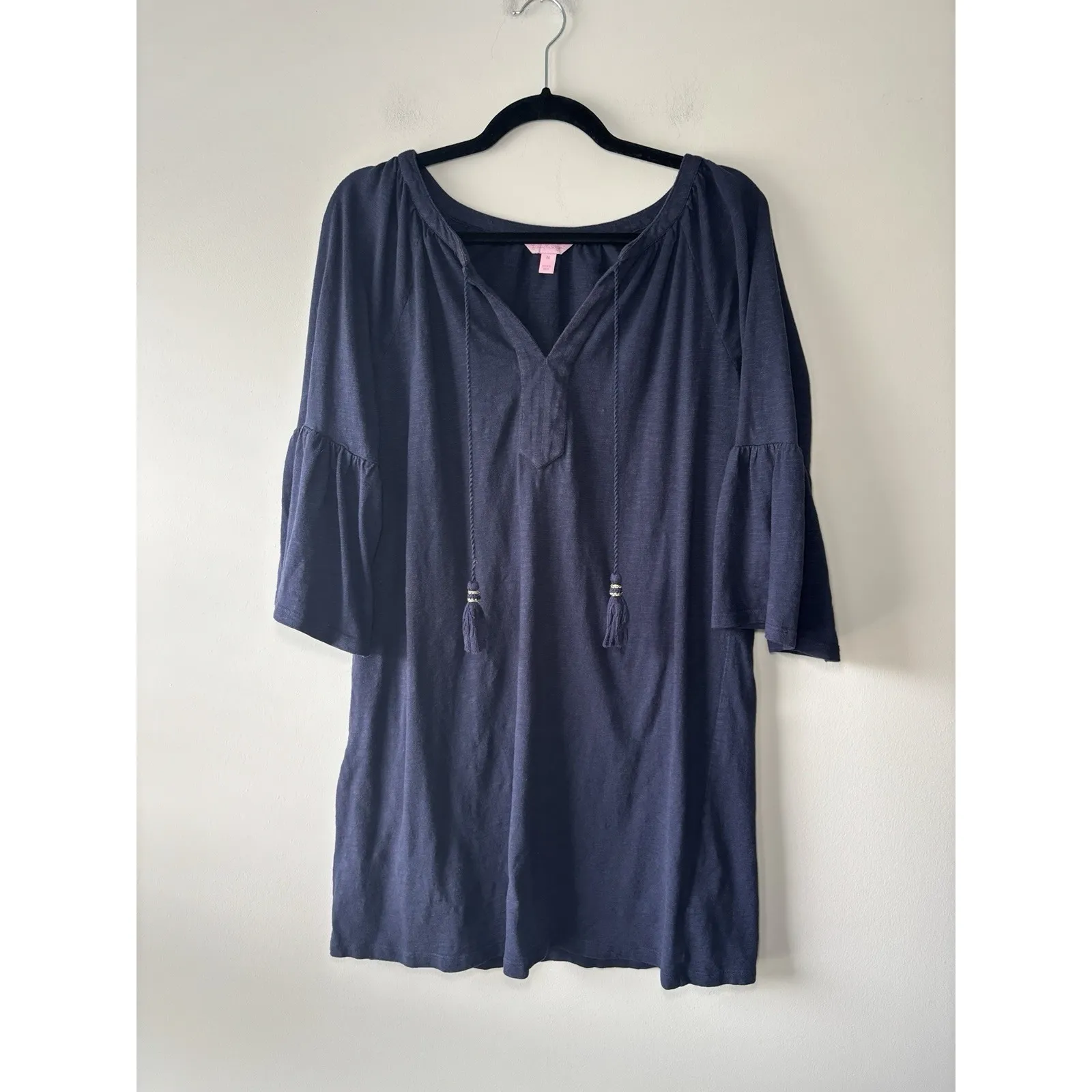 Lilly Pulitzer Del Lago Dress Women's Navy Blue Cotton Blend Bell Sleeve Size M‎ - Image 2