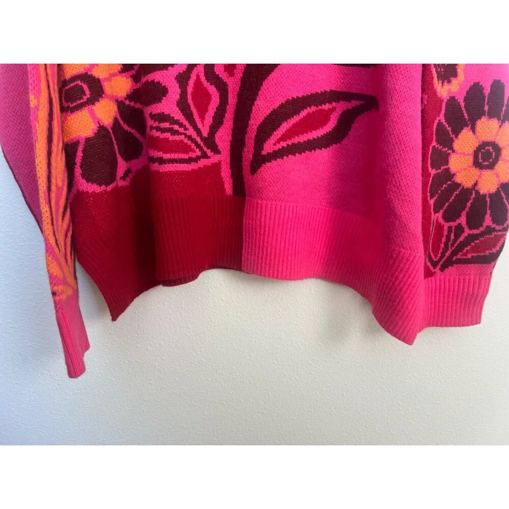 FARM RIO Cutout Asymmetrical Knit Bold Pink Floral Turtleneck Wool Blend Sweater - Image 4
