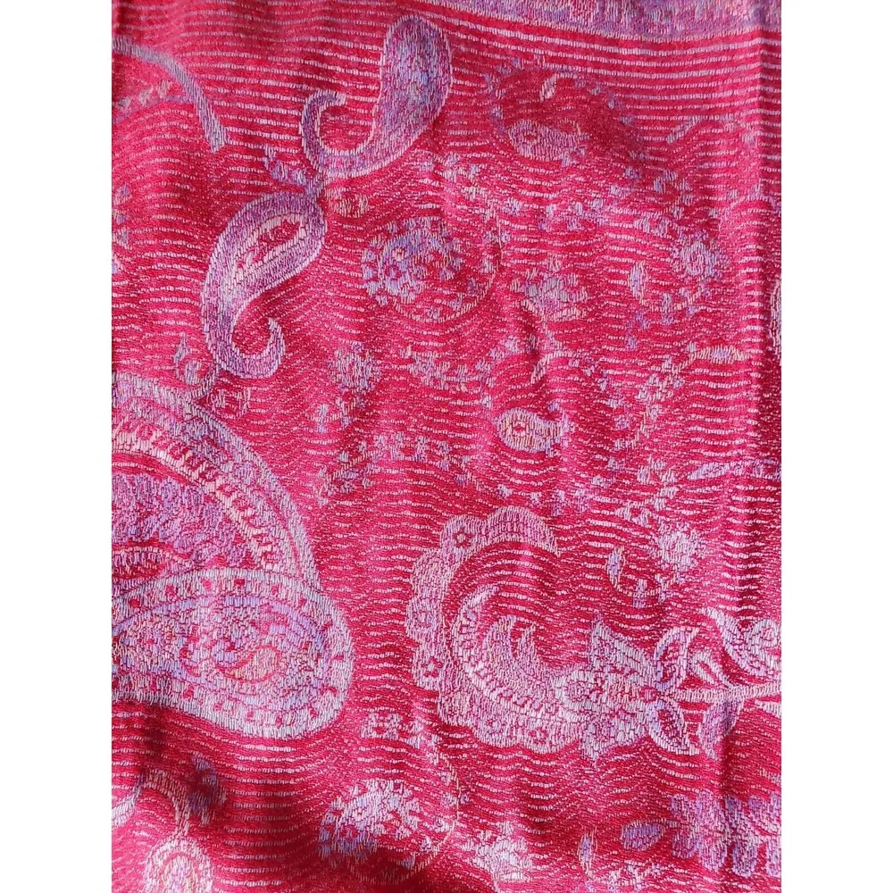 Pashmina(?) Silk Wool Paisley Scarf Wrap Shawl Rectangle Fringe Red Orange EUC - Image 3