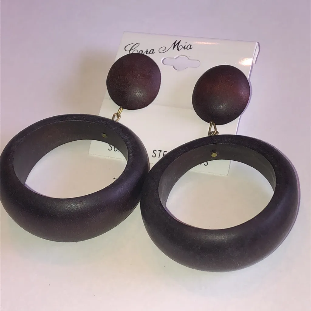 Cara Mia Huge Brown Wooden Retro Boho Hoop Earrings - Image 4