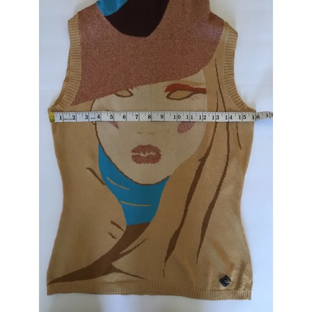 K. A. Kitties Tan/Turquoise Graphic Design Sleeveless Shirt Top Sz M Size M - Image 5