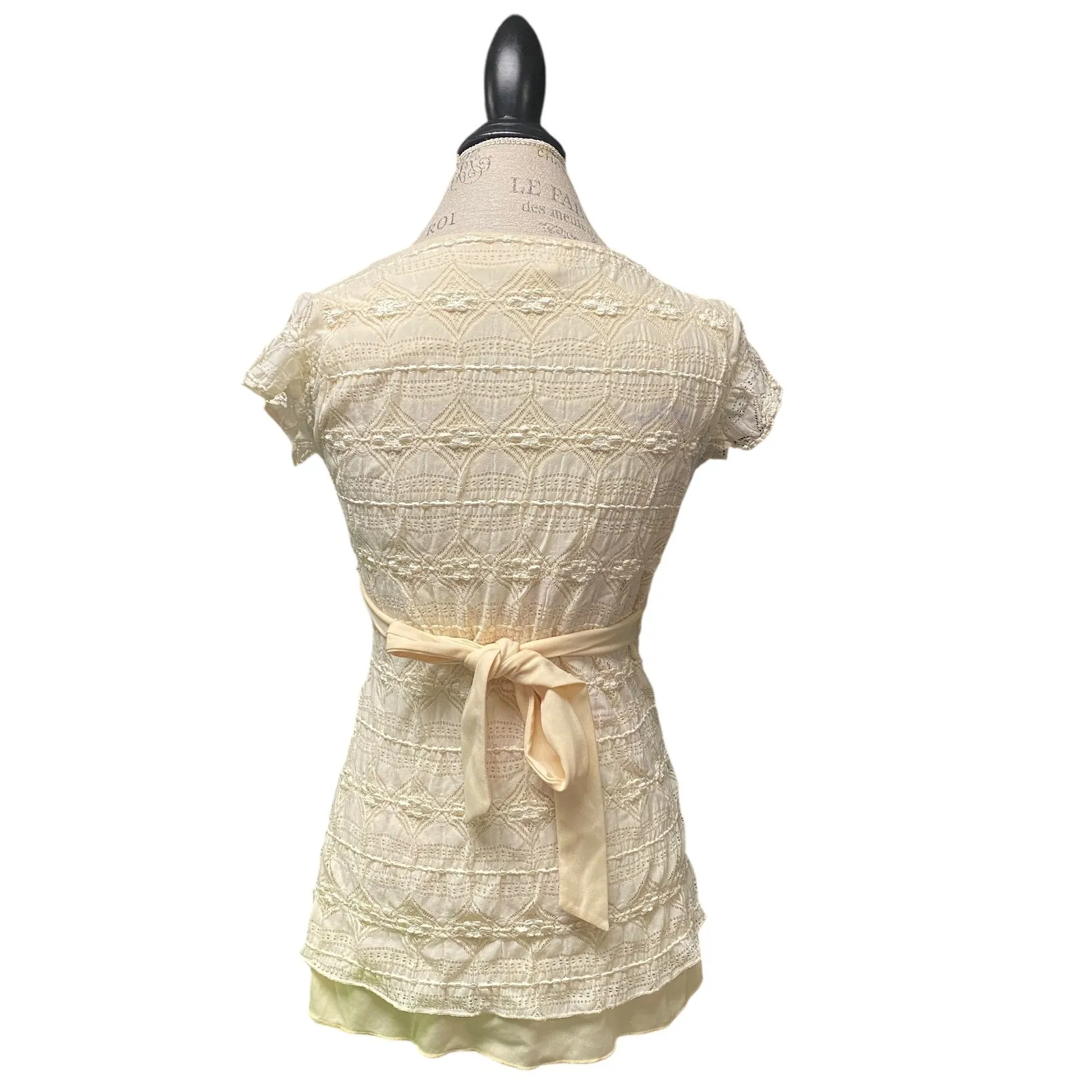 Vintage Y2K Babydoll Sheer Lace Wrap V Neck Short Sleeve Tie Waist Blouse FLAWED Yellow Size undefined - Image 4