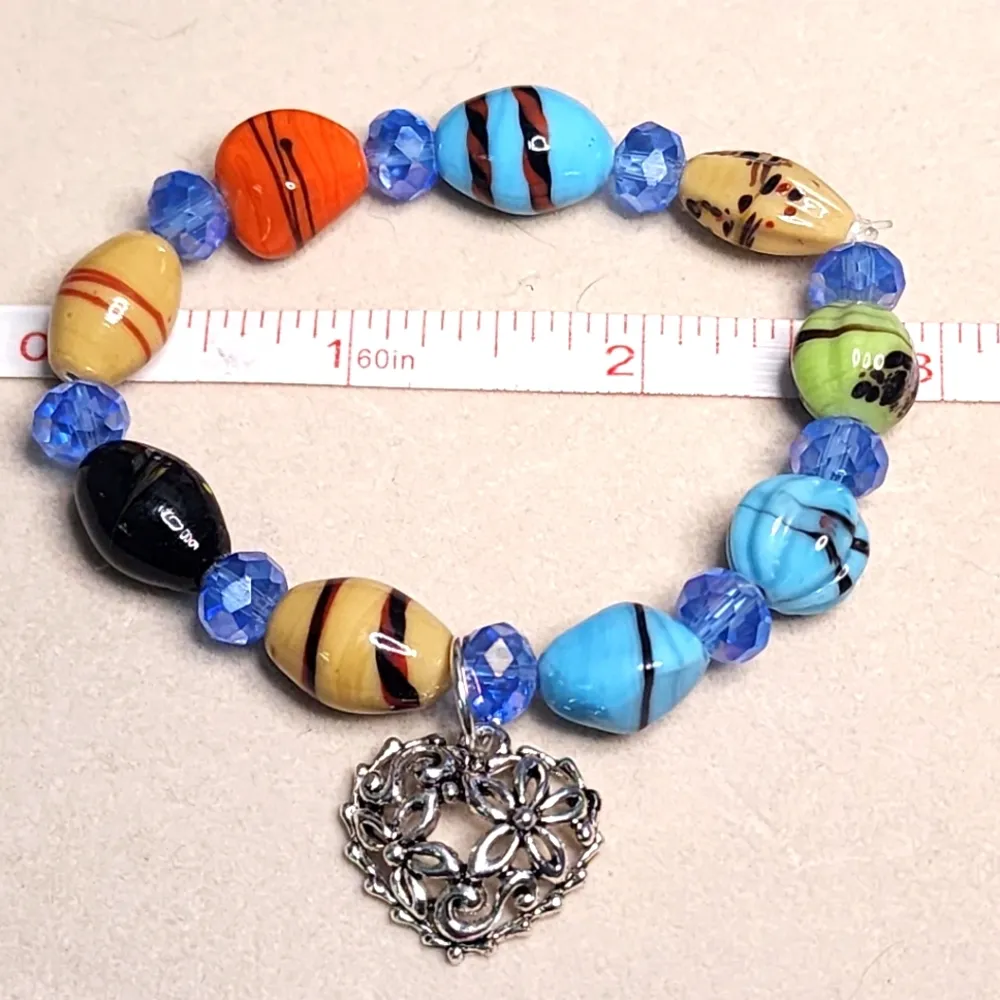 Colorful Murano Glass Bead Stretch Bracelet with Heart Charm Orange - Image 7