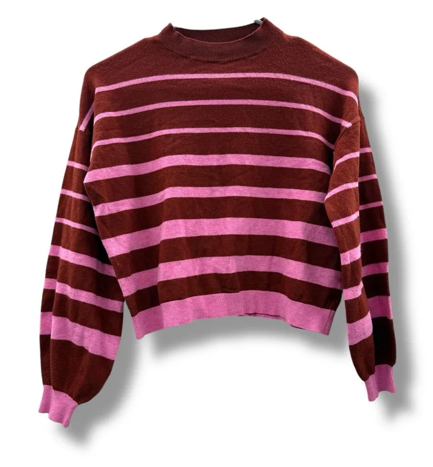 Vero Moda Burgundy & Pink Striped Crewneck Long Sleeve Cropped Sweater Sz XS - Image 1