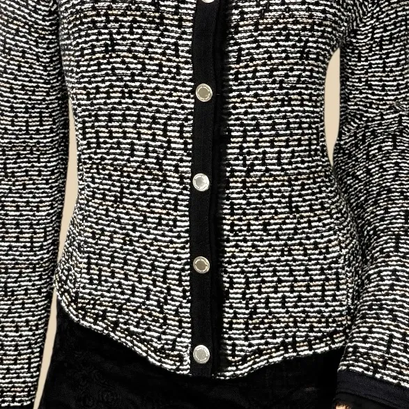 WHBM Women’s‎ S Crop Sweater Jacket Dark Coquette Tweed Black Ecru Goth Office - Image 6