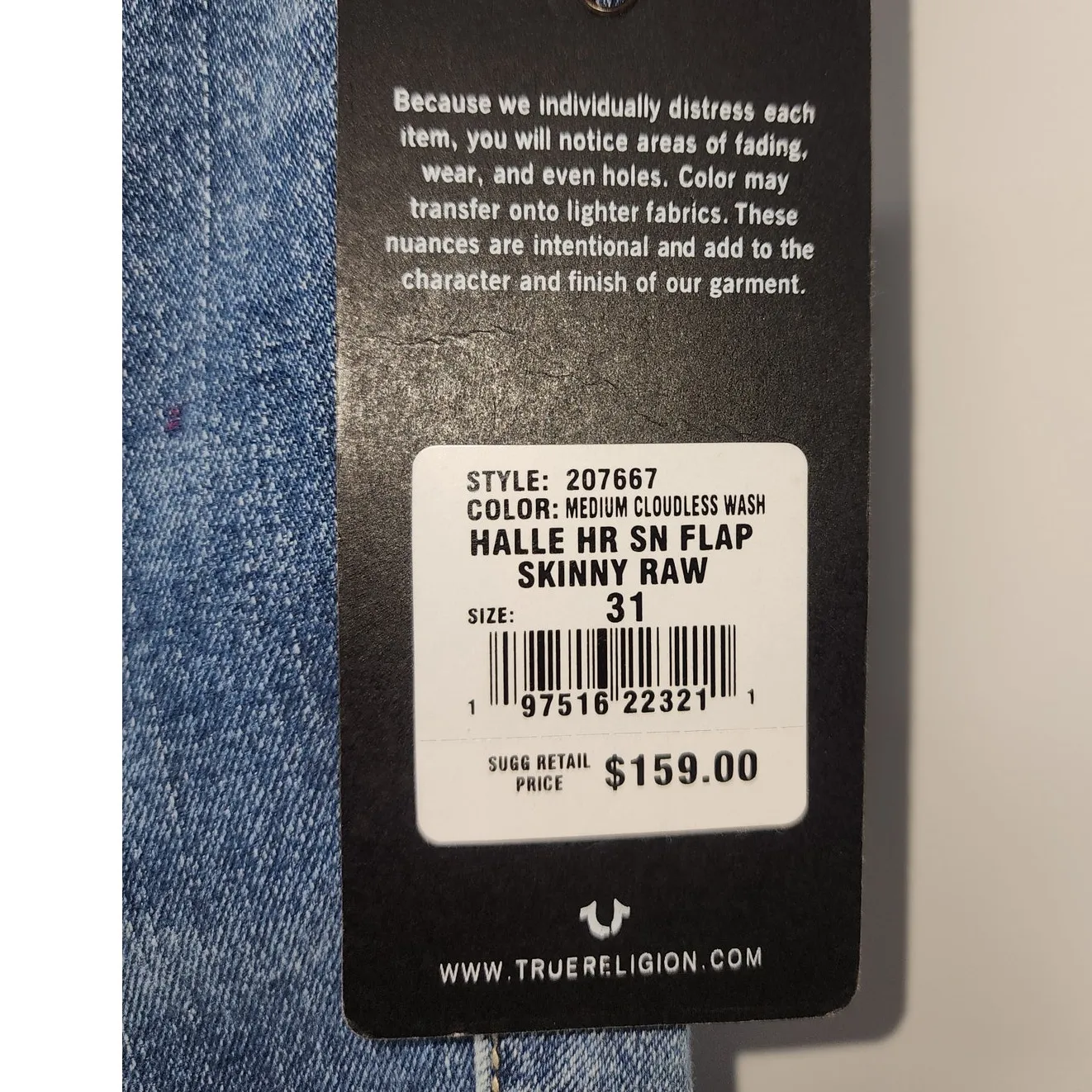 True Religion Halle Flap Skinny Raw Jeans - Medium Cloudless Wash Size 31 - Image 8