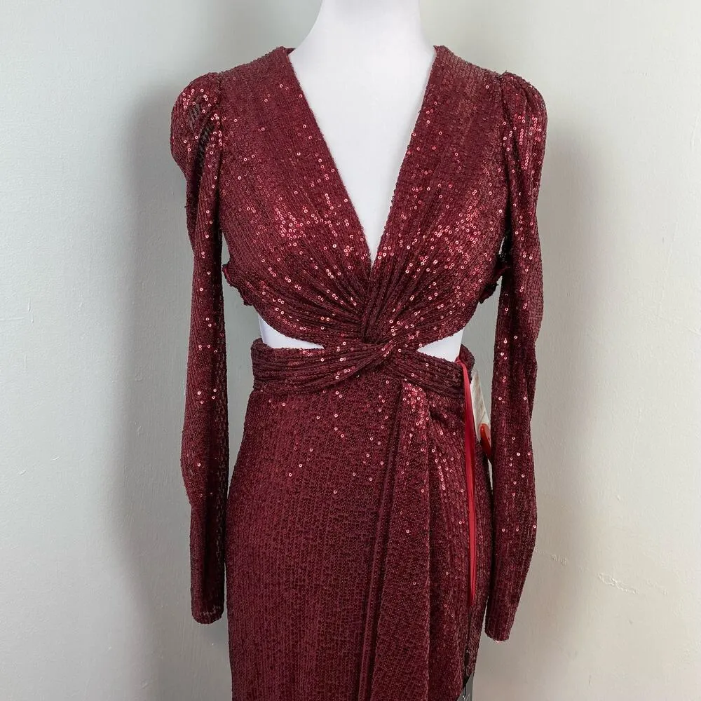 Mac Duggal Wine Sequined Criss Cross Cutout Long Sleeve Gown Size 0 $498 26739 - Image 7