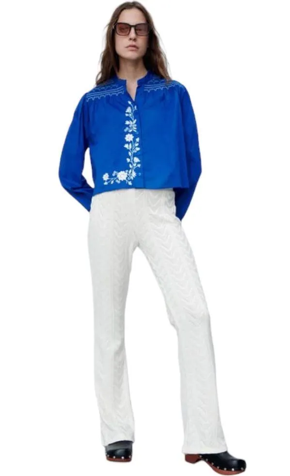 Zara Embroidered Cotton Floral Blouse Blue and White Cotton Size Large - Image 15