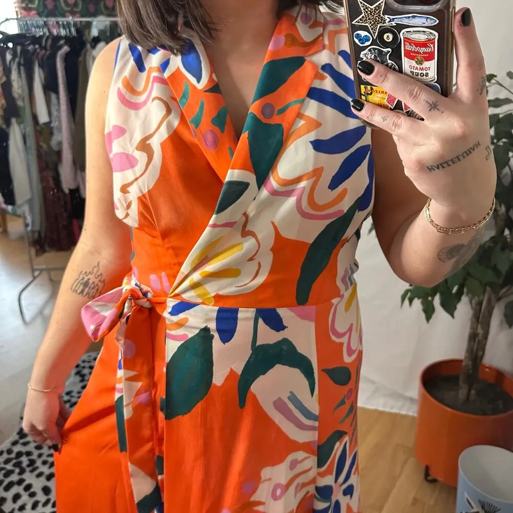Hutch Floral Sleeveless Verona Wrap Midi Dress Orange Size Large - Image 3