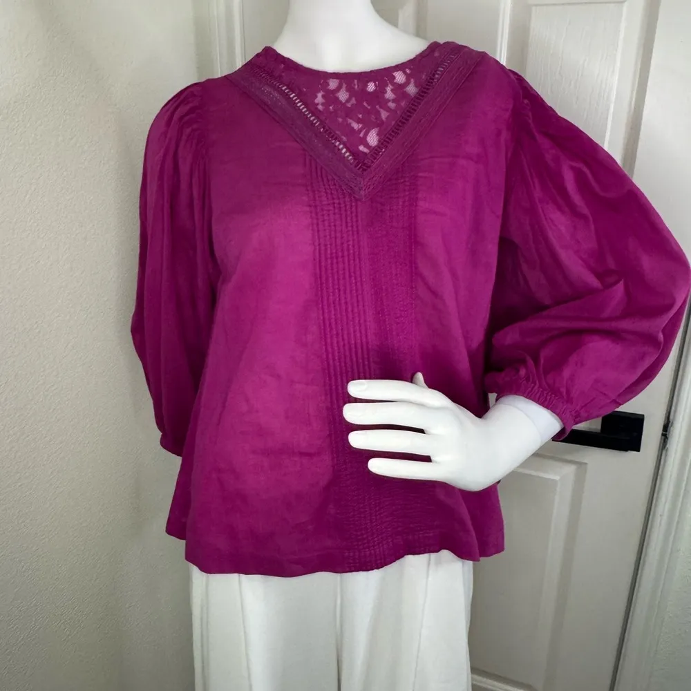 Farm Rio Fuchsia Pink Smocked Puff Sleeve Blouse with Bib Collar - Image 2