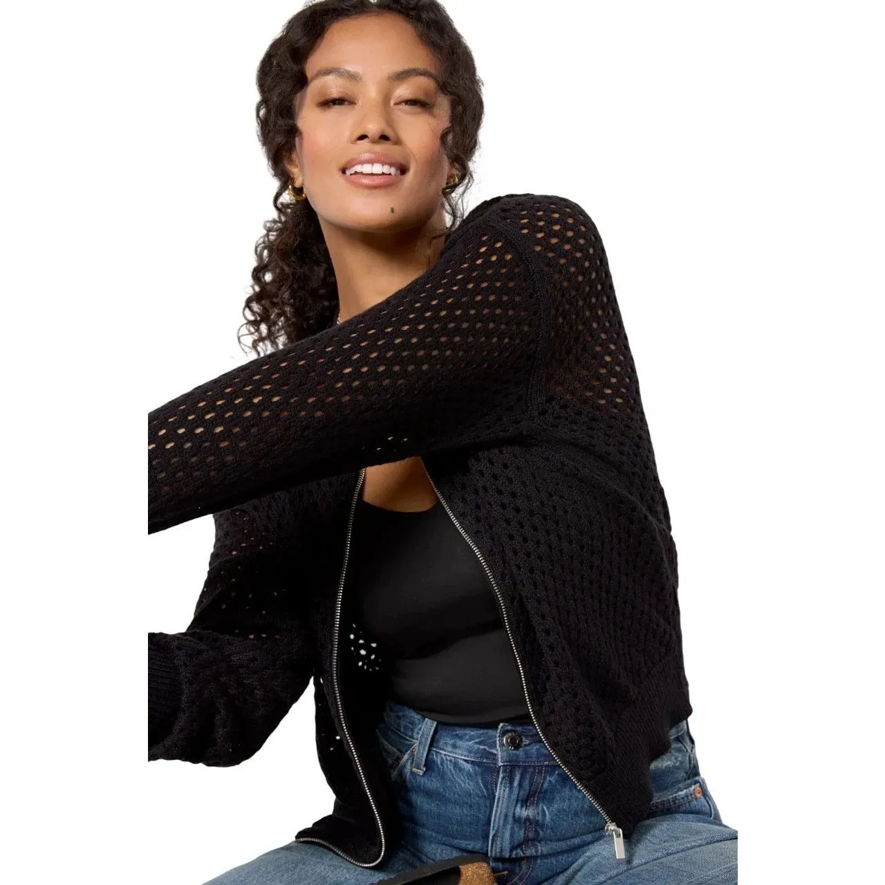 Sanctuary Womens Stepping Out Open Stitch Bomber Jacket Cardigan in Black XS $79 - Image 3
