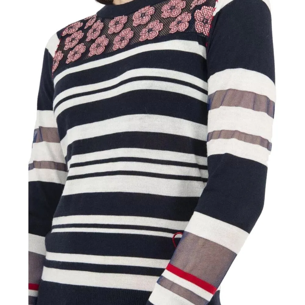 Desigual Womens Navy Long Sleeve Sweater Top Floral Striped Size M Boho Chic - Image 3