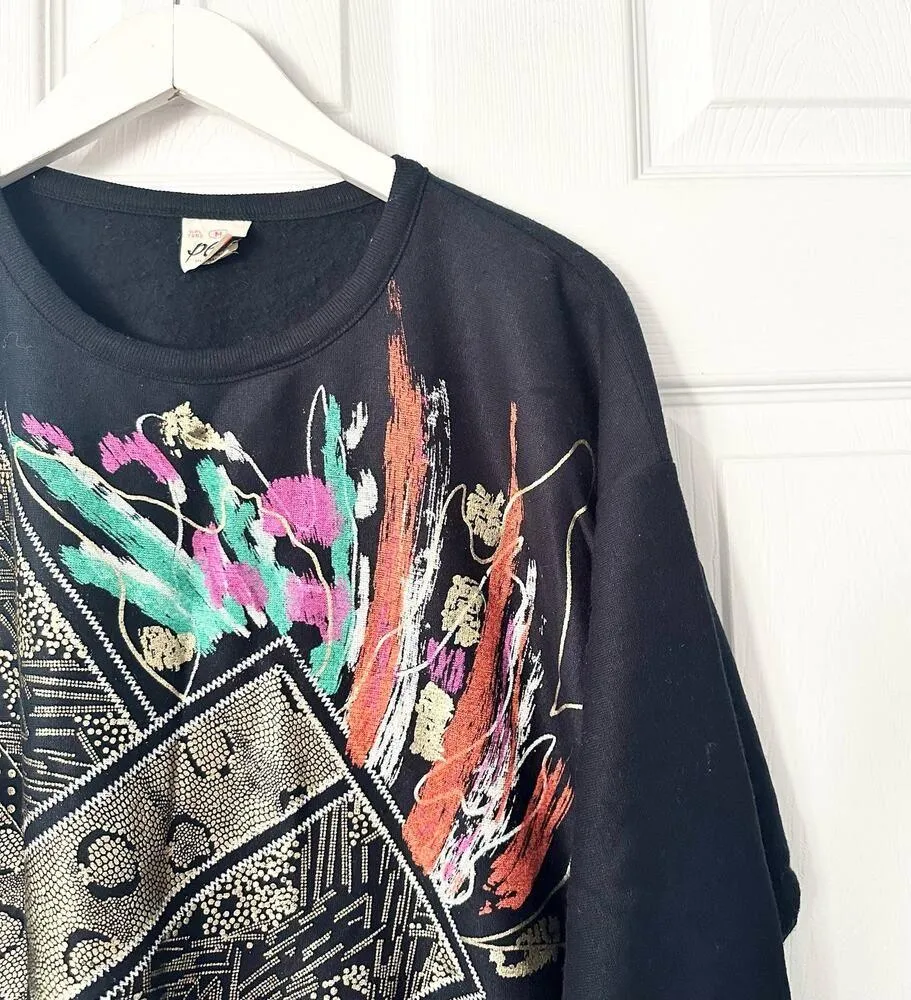 Plumo Pluma Vintage USA Made Black 80s Shimmer Floral Metallic Fan Sweatshirt M Size M - Image 4