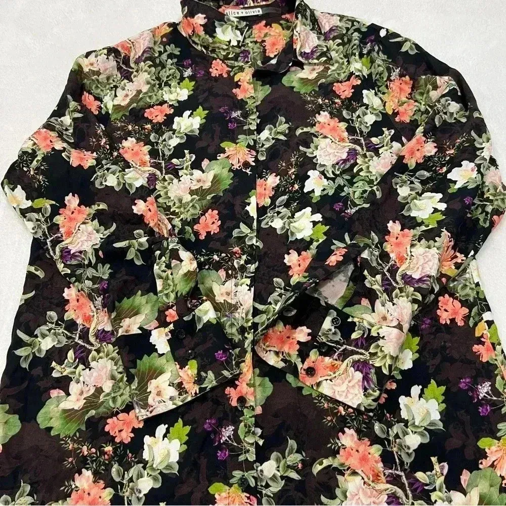Alice + Olivia Floral Print Longline Button Down Viscose‎ Shirt sz L - Image 10