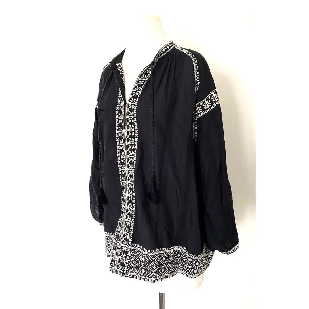 Madewell Camelia Black White Embroidered Boho Peasant Tassel Top Blouse M (flaw) - Image 4