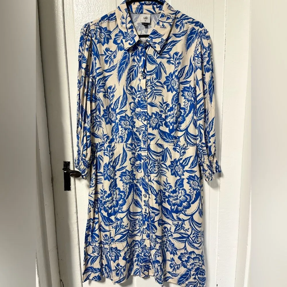CAbi Athena Dress Style 6149 cream & blue button down floral dress XL - Image 4